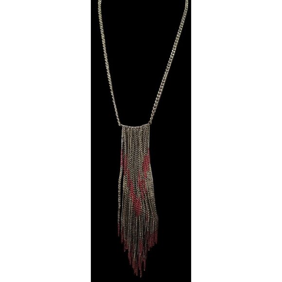 Bohemian Fringe Chain Necklace Red And Silver Tone - Picture 4 of 10